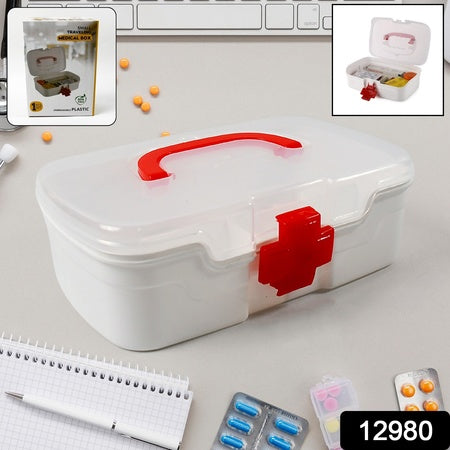 12980 3 Compartment Medical Box 1 Piece Indoor Outdoor Medical Utility Medicine Storage Box Detachable Tray Medical Box Multi Purpose Regular Medicine First Aid Box With Handle Transparent Lid Color Box