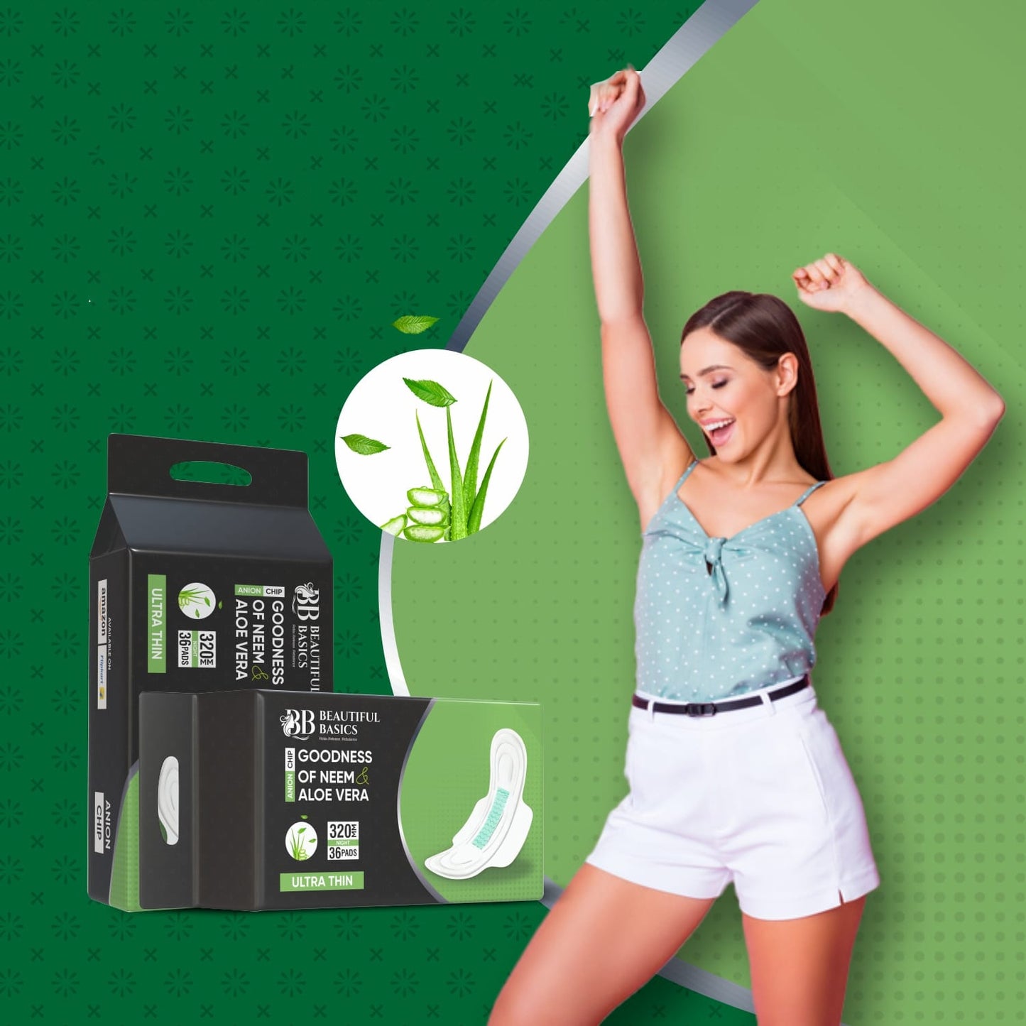 0982 Sanitary Pads For Women With Goodness Of Neem Aloe Vera Ultra Thin Leakage Protection Ph Balance With Antibacterial Anion Chip 5x More Absorbance (320 Mm 36 Pads)