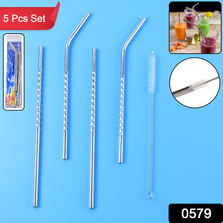 579 Set Of 4 Stainless Steel Straws Brush (2 Straight Straws 2 Bent Straws 1 Brush)