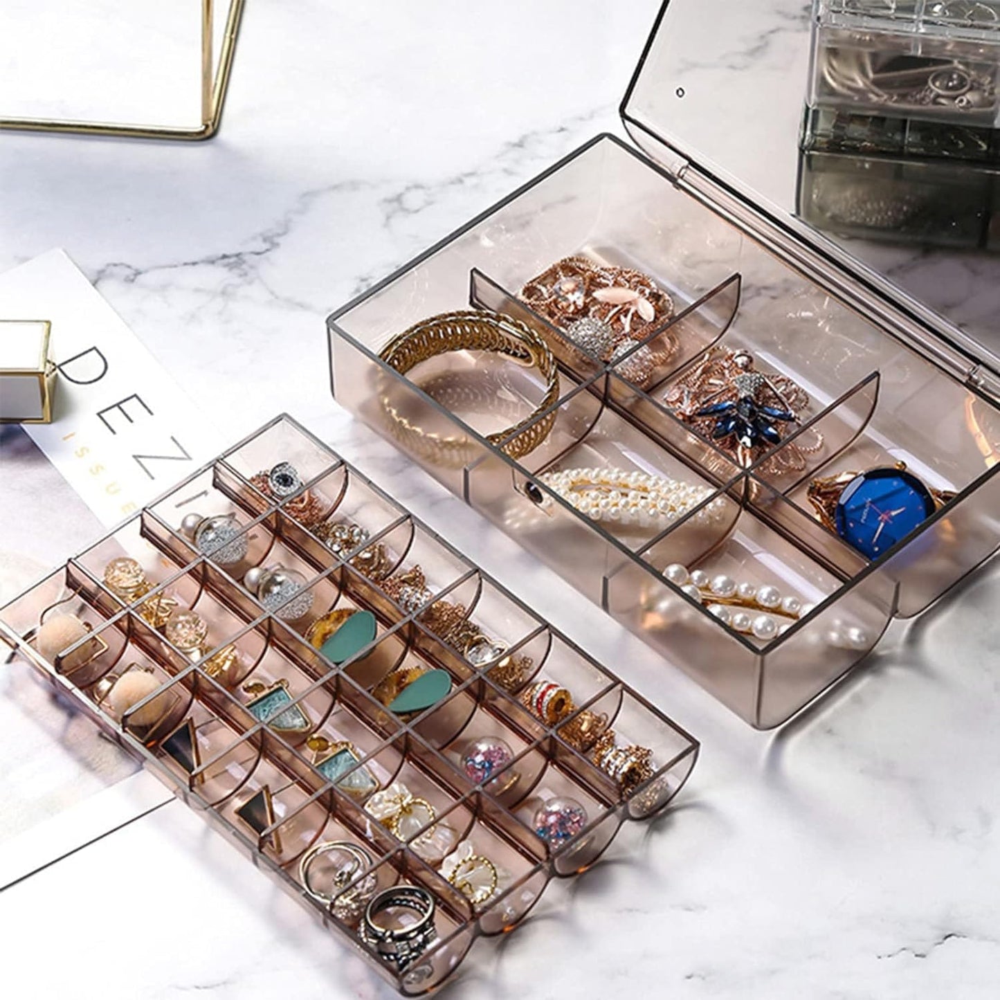 12829 2 Layer Acrylic Jewelry Storage Box Dustproof Earring Box Storage Box Portable Nail Art Storage Case 24-grid Small And 6-grid Big Case Makeup Vanity Box (1 Pc 30 Compartment)