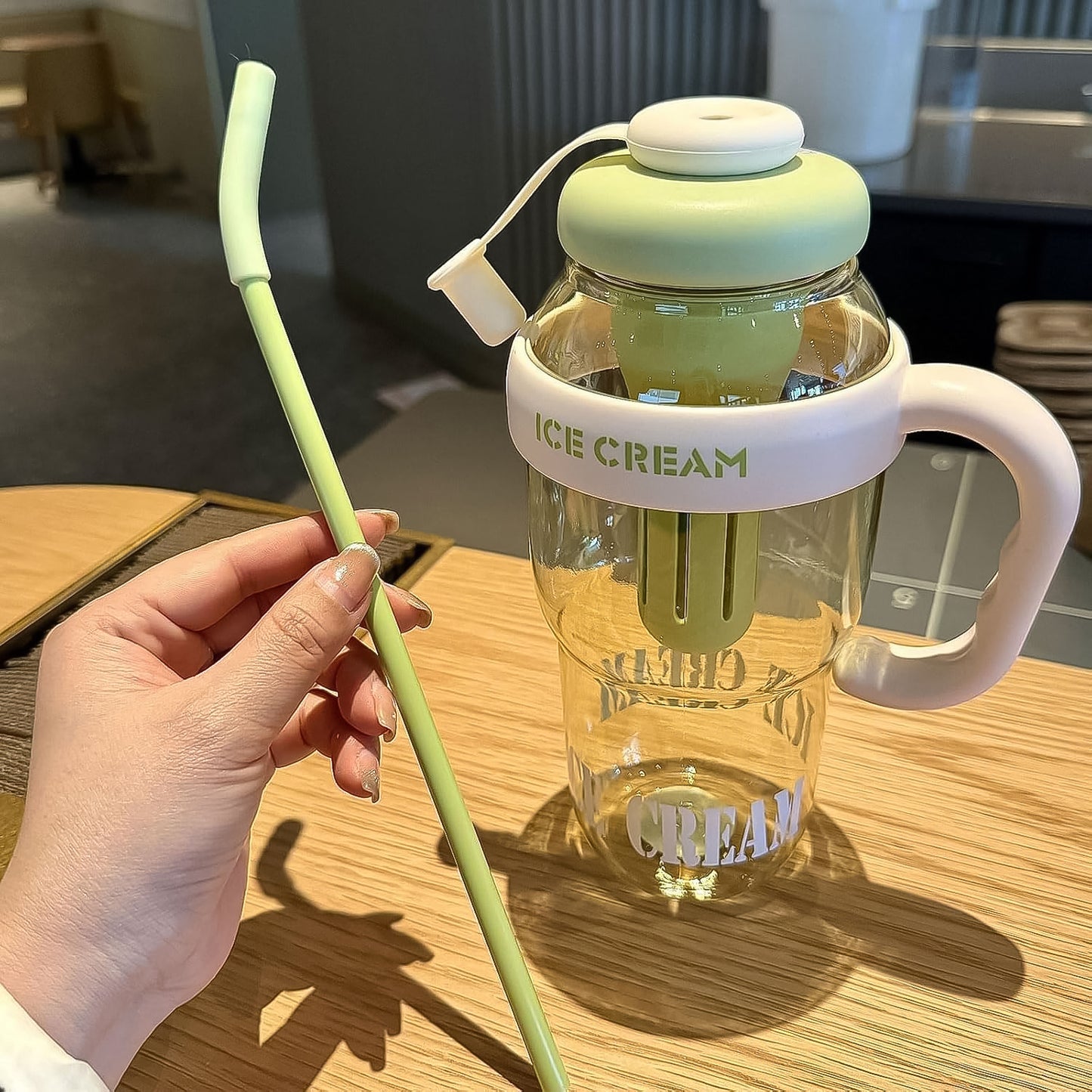 Approx 1300ml Large Capacity Cute Ice Cream Themed Water Bottle With Handle Straw Fruit Infuser Leakproof Sipper For Kids Adults