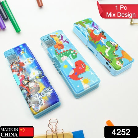 4252 Multipurpose Compass Box Plastic Double Deck Pencil Case With 2 Compartments Supplies Utility Box Storage Organizer Pencil Box For School Cartoon Printed Pencil Case For Kids Birthday Gift For Girls Boys (1 Pc Mix Design)