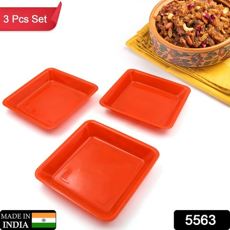 5563 Square Plastic Halwa Dinner Plate Snacks Breakfast Restaurant Serving Trays Home School Coffee Hotel Kitchen Office (3 Pcs Set)