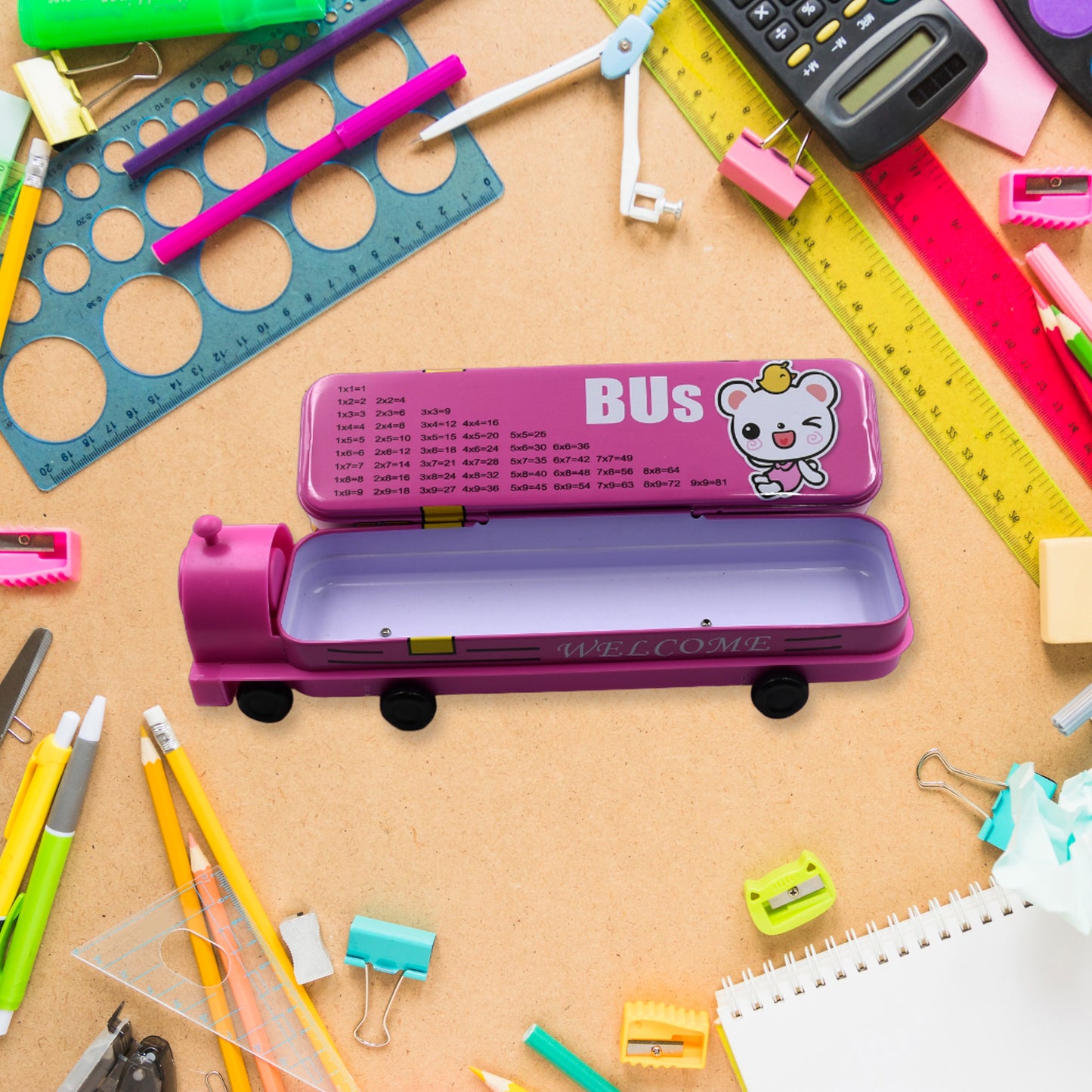 4672 Double Decker Magic Bus Compass 2 Layer Metal Bus Compass Pencil Case With Movable Wheels Sharpener Bus Shape With Tiers Metal Pencil Box For Kids Birthday Party