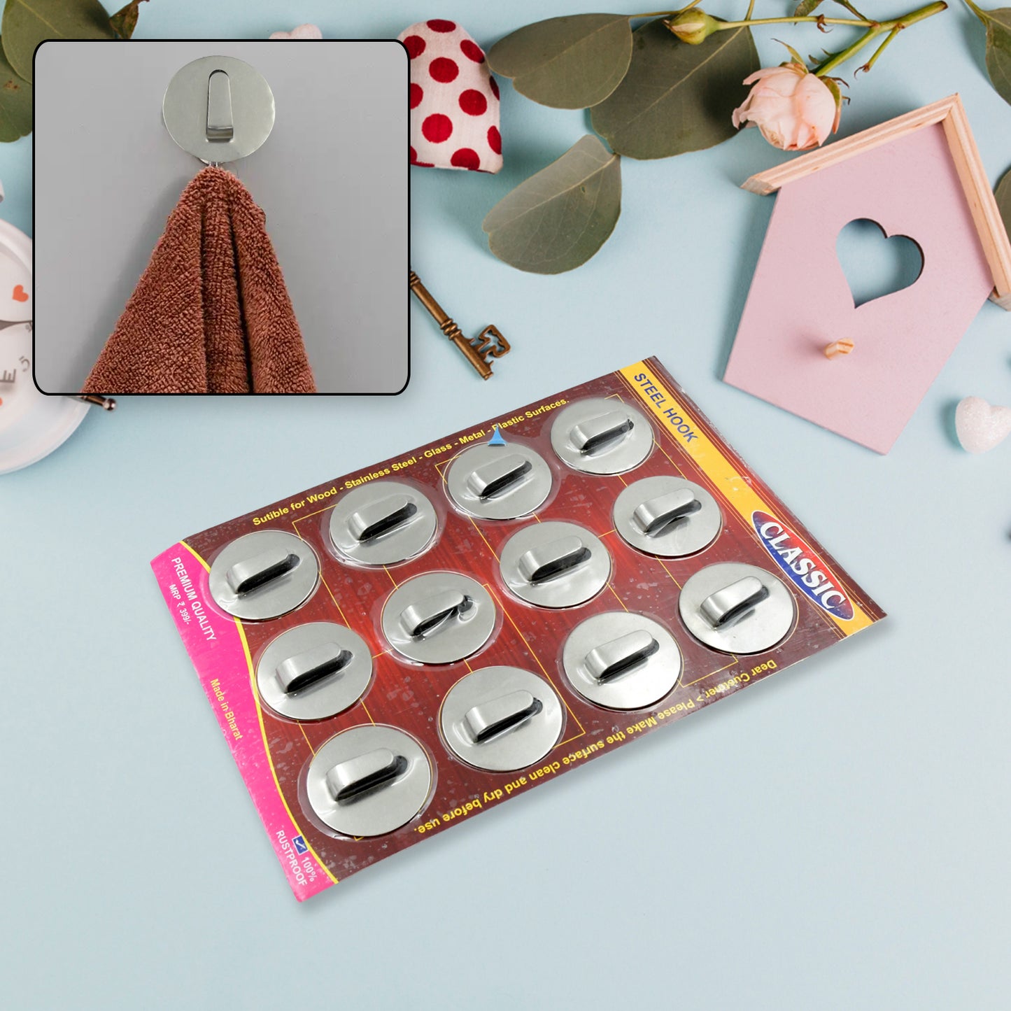 9413 Multipurpose Steel Wall Hanging Hook 12 Pc Self Adhesive Wall Hanging Hooks Sticker Hook Suitable For Wall Paper Calender Bathroom Tiles Kitchen Key Hange And Etc Hook 12 (Pack Of 12)
