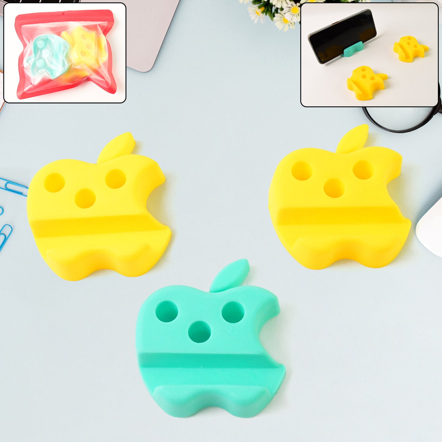 Multi-functional Apple-shaped Plastic Mobile Stand With Pen Holder (3 Pc Mix Color)