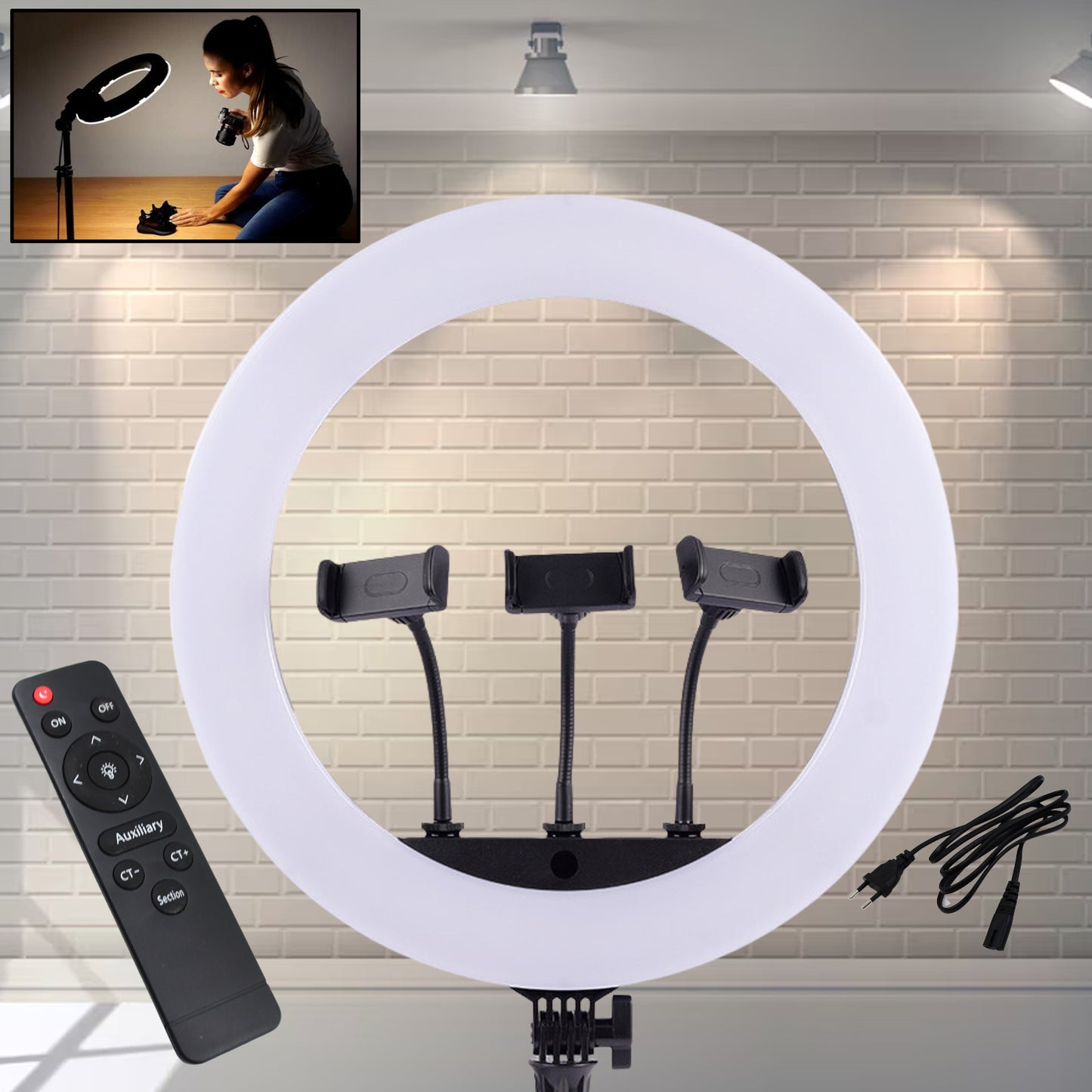 18 Inch Led Ring Light With 3 Colour Modes 3 Mobile Holders Remote Control (1 Set)