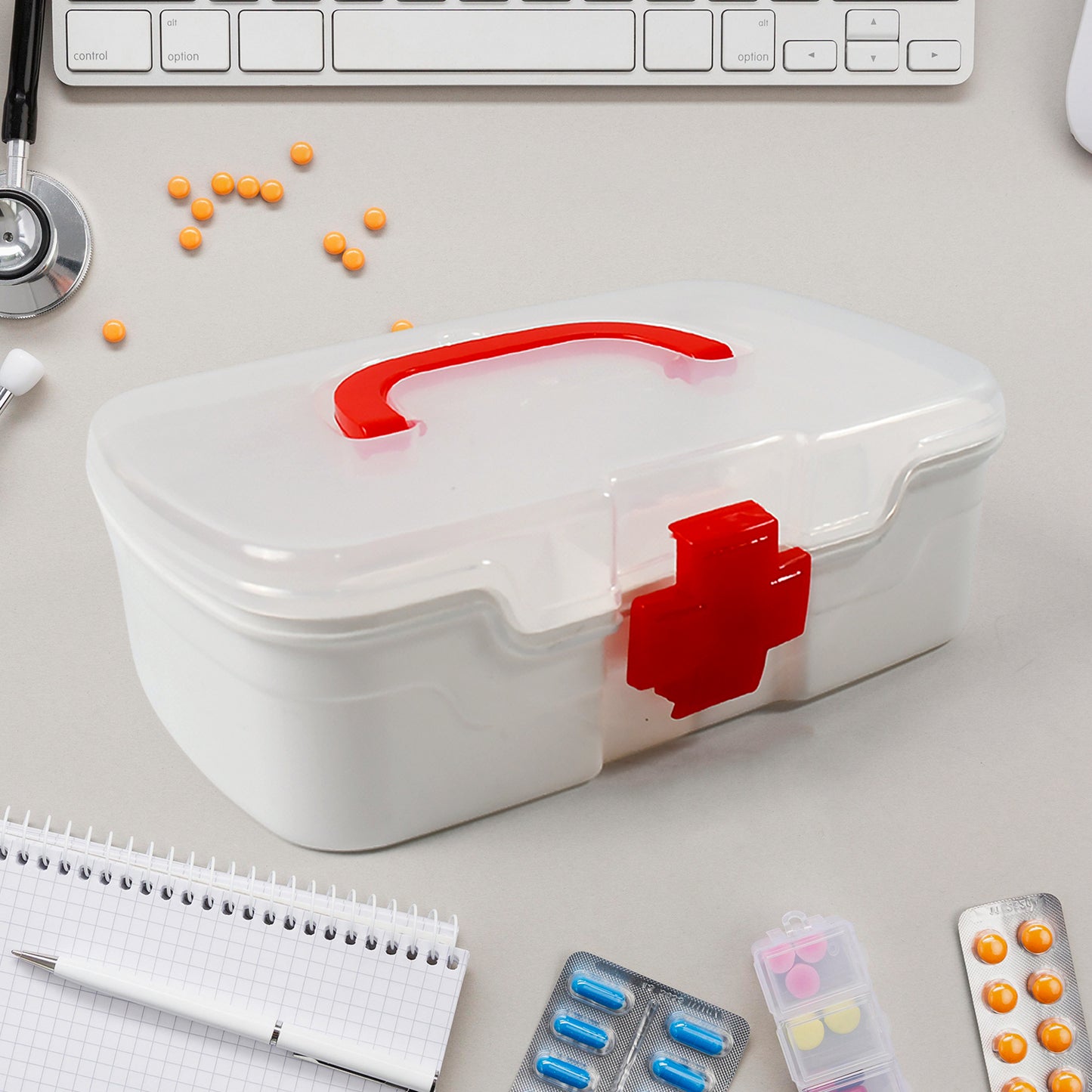 12980 3 Compartment Medical Box 1 Piece Indoor Outdoor Medical Utility Medicine Storage Box Detachable Tray Medical Box Multi Purpose Regular Medicine First Aid Box With Handle Transparent Lid Color Box