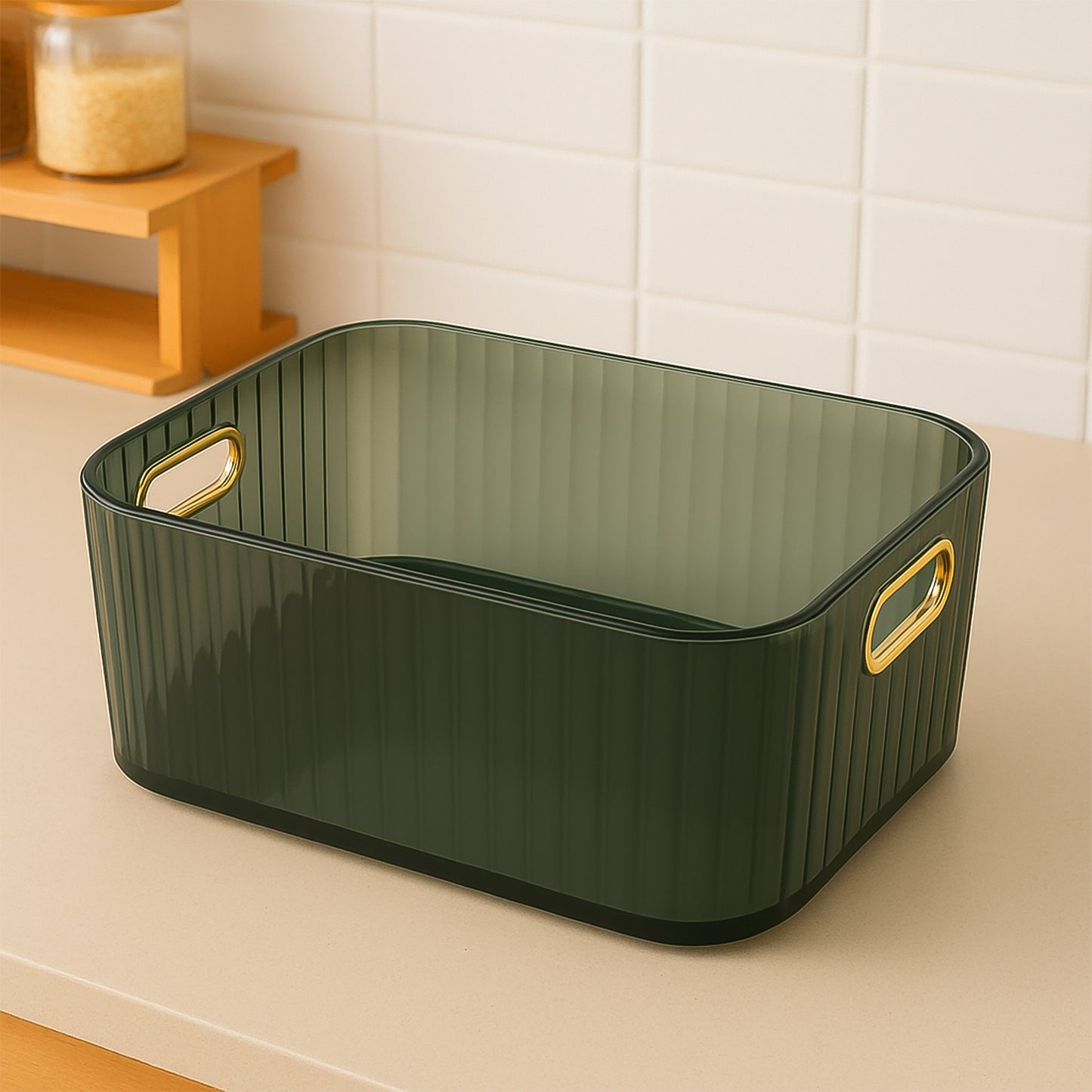 Premium Ribbed Transparent Storage Basket With Gold Handle Multipurpose Kitchen Amp Home Organizer Box