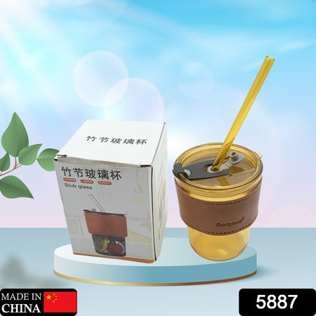 5887 Home Glass Coffee Mugtea Cup With Glass Straw And Leakproof Lid Travel Friendly Cups With Heatproof Sleeves