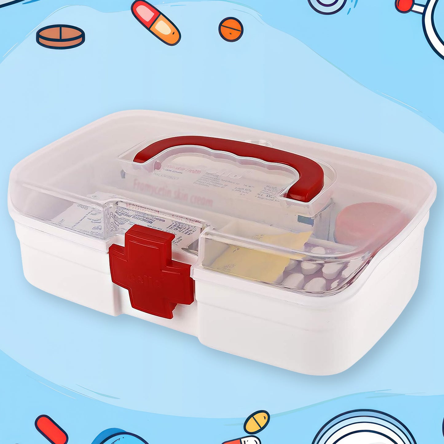 12980 3 Compartment Medical Box 1 Piece Indoor Outdoor Medical Utility Medicine Storage Box Detachable Tray Medical Box Multi Purpose Regular Medicine First Aid Box With Handle Transparent Lid Color Box