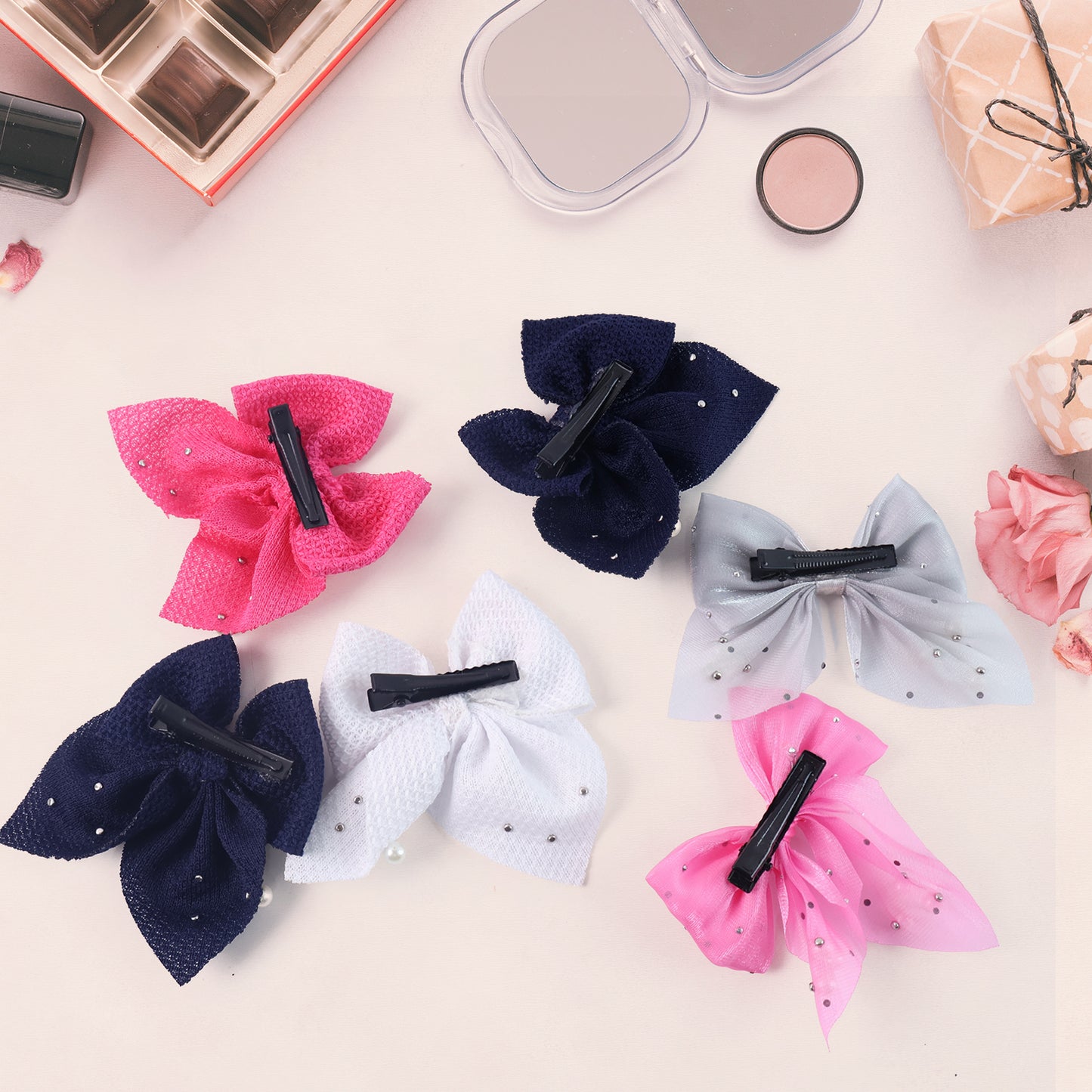 Hair Bow Knot Clip Suitable For Girls (6 Pc Multicolour Mix Design) Hair Accessories