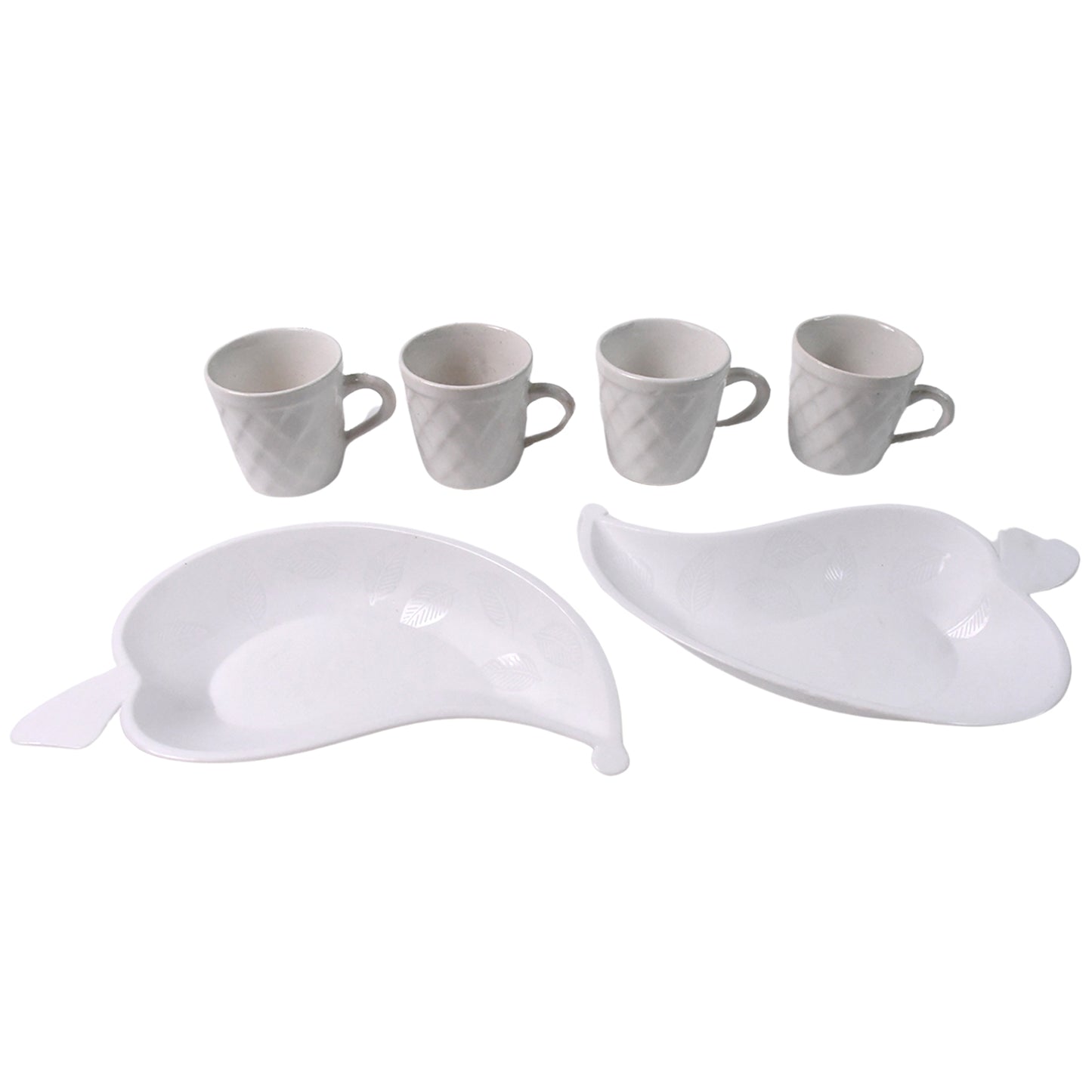 Unibic Ceramic Tea Cups With Plastic Leaf Shape Tray Platter (6 Pcs Set)