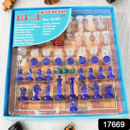 17669 13 In 1 Family Board Game Chess Snakes Ladders Ludo Tic-tac-toe Checkers Travel Bingo Football Space Venture Steeplechase Set For Kids