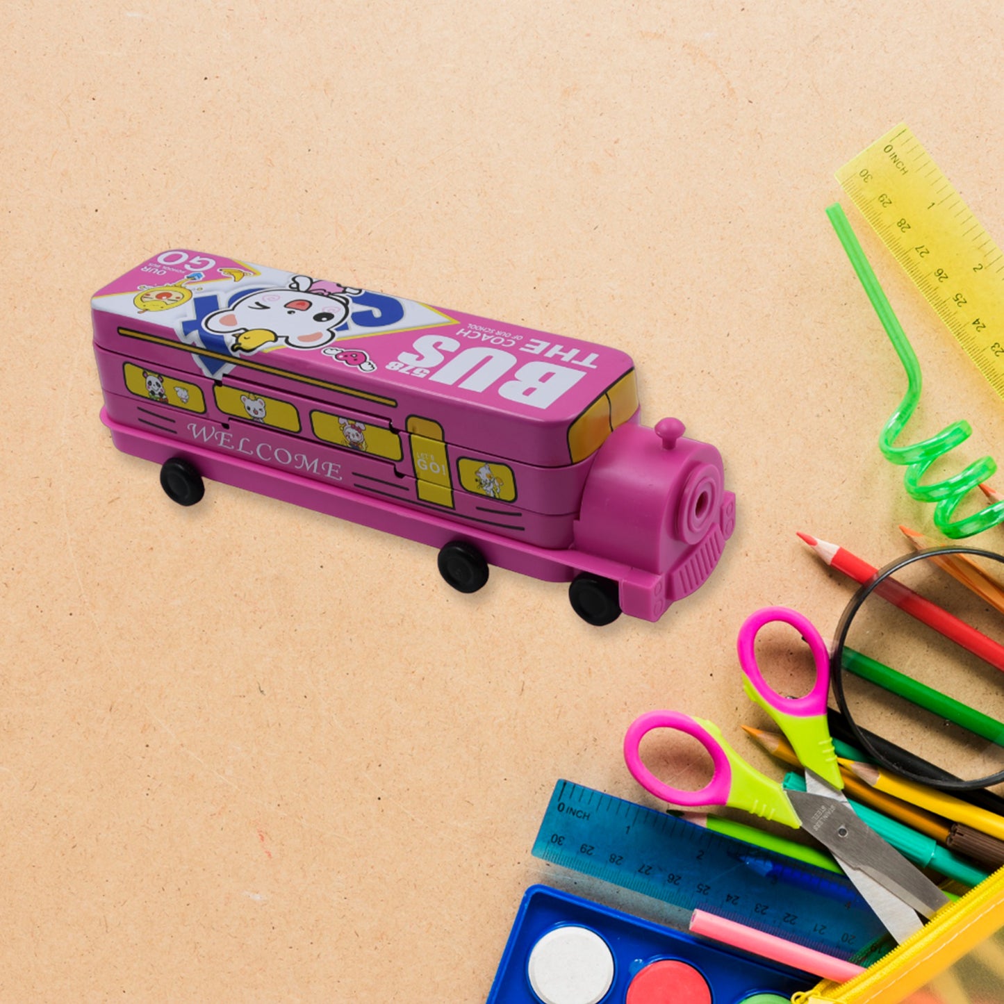 4672 Double Decker Magic Bus Compass 2 Layer Metal Bus Compass Pencil Case With Movable Wheels Sharpener Bus Shape With Tiers Metal Pencil Box For Kids Birthday Party