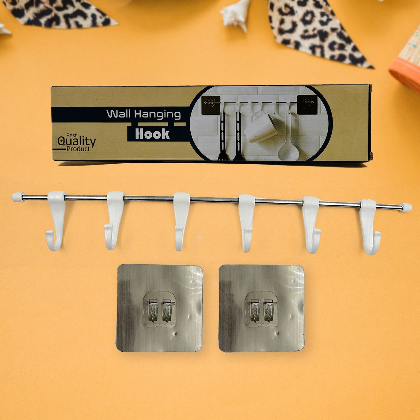 17968 Stainless Steel Utensil Hanger Rail Nail Free Wall Mount With 2 Magic Stickers 6 Plastic Hooks For Kitchen
