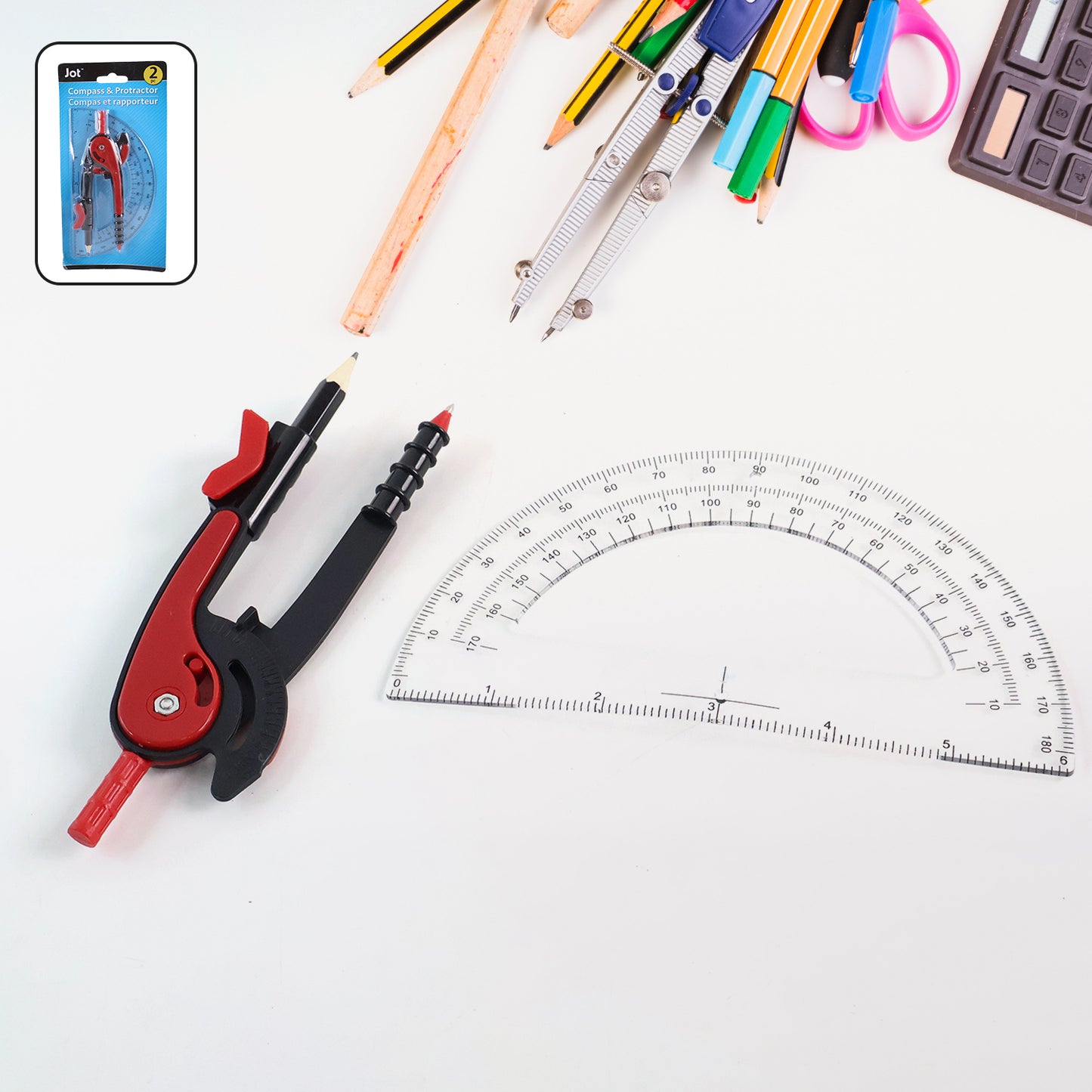 2 Pc Geometry Set Built-in Pencil Grip + Transparent Plastic Protractor School Geometry Tools Kit