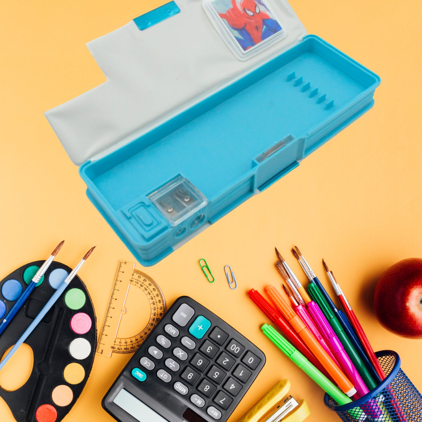 4260 Art Stationery Cartoon Multi-functional Geometry Box For Boys With Inbuilt Calculator 2 Sides Open And Double Sharpener Stationery Kit Pencil Box For Boys Art Plastic Pencil Box For Girls And Boys