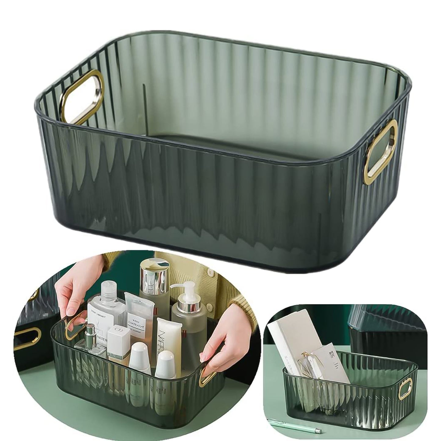 Premium Ribbed Transparent Storage Basket With Gold Handle Multipurpose Kitchen Amp Home Organizer Box