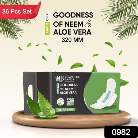 0982 Sanitary Pads For Women With Goodness Of Neem Aloe Vera Ultra Thin Leakage Protection Ph Balance With Antibacterial Anion Chip 5x More Absorbance (320 Mm 36 Pads)
