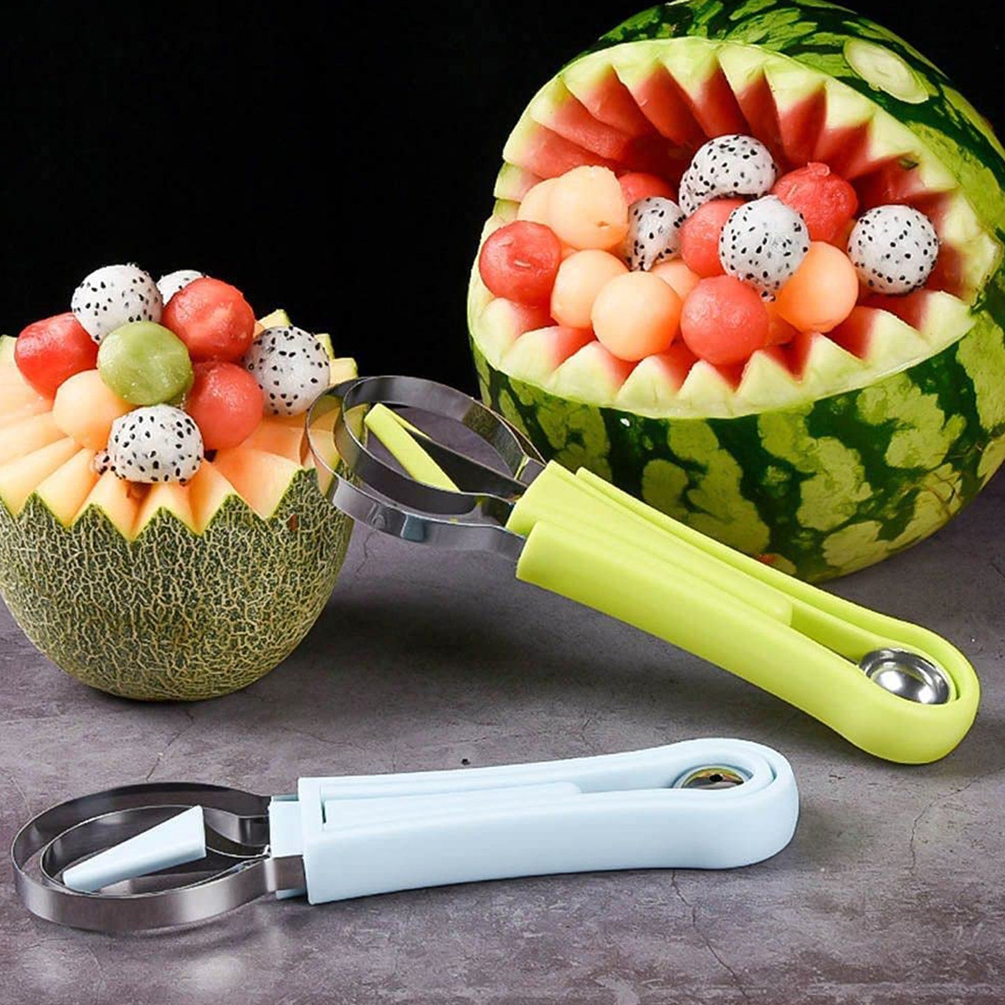 2606 4 In 1 Stainless Steel Melon Baller Seed Remover Sorbet Dessert Ball Spoon Fruit Digging Spoon Double Sided Fruit Scooper Watermelon Baller Scoop