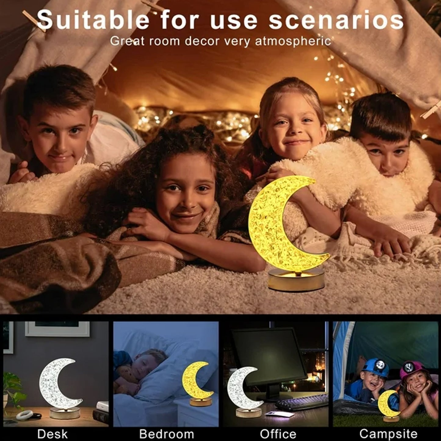12570 Crystal Table Lamp Moon Shape Touch Control Lamp With 3 Color Metal Bedside Lamp For Kids Bedroom Romantic Desktop Nightstand Stepless Dimming Usb Charging Touch Night Light