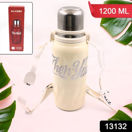 Stainless Steel Vacuum Insulated Water Bottle Leak Proof Flask For Tea Coffee Reusable Water Bottle With Hanging Strap Bottle For Hot Cold Drinks Wide Mouth Water Flask (900 1200 Ml)
