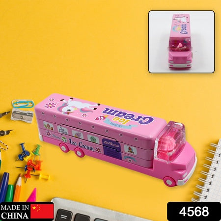 4568 Double Decker Magic Ice Cream Truck Compass Multi Level Metal Truck Compass Pencil Case With Movable Wheels Sharpener