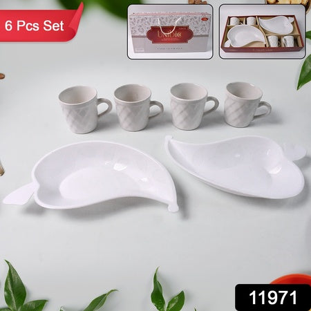 Unibic Ceramic Tea Cups With Plastic Leaf Shape Tray Platter (6 Pcs Set)