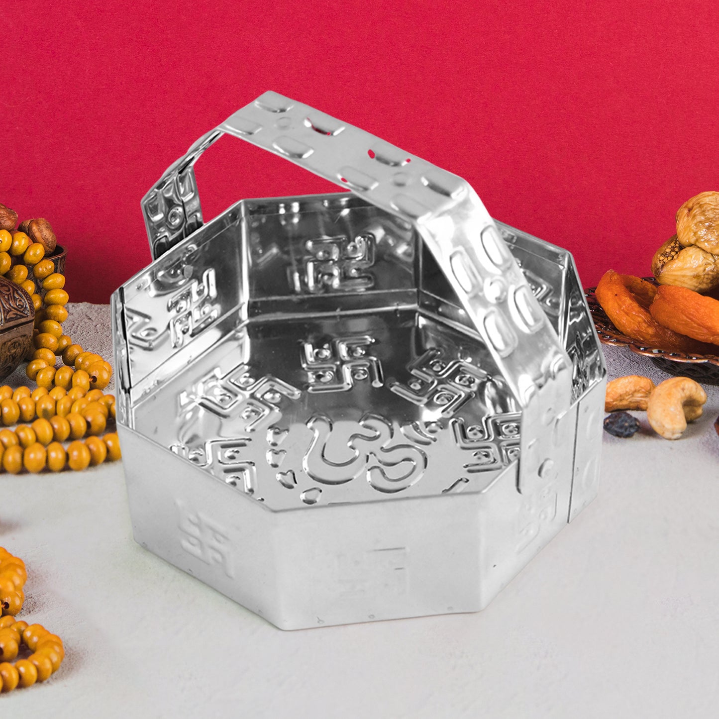 Traditional Stainless Steel Octagon Pooja Basket 1 Pc With Handle