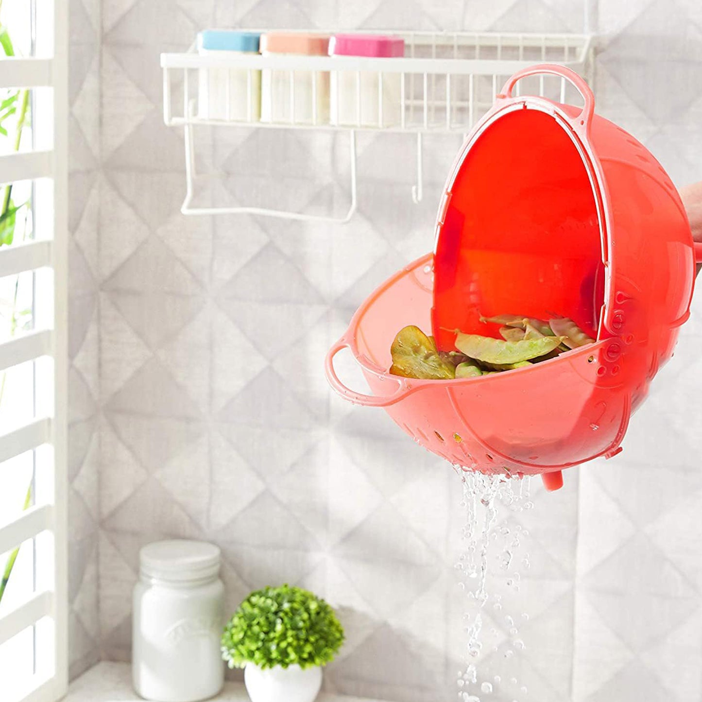 2145 Plastic Revolving Multi Functional Rice Vegetable Fruit Wash Basket Bowl (Multi Colour)