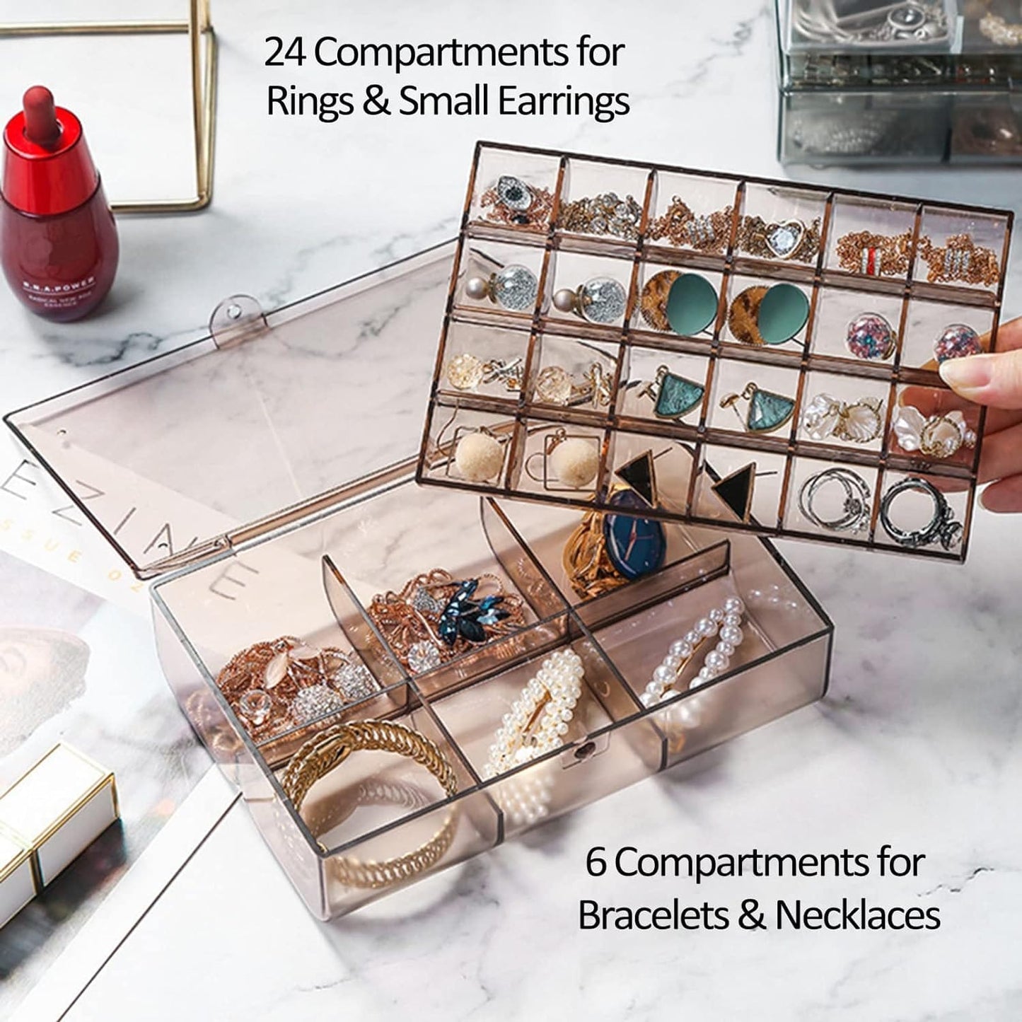 12829 2 Layer Acrylic Jewelry Storage Box Dustproof Earring Box Storage Box Portable Nail Art Storage Case 24-grid Small And 6-grid Big Case Makeup Vanity Box (1 Pc 30 Compartment)