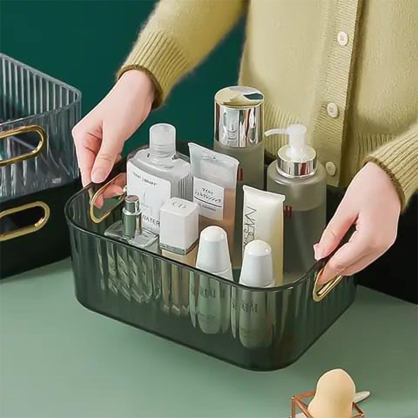 Premium Ribbed Transparent Storage Basket With Gold Handle Multipurpose Kitchen Amp Home Organizer Box