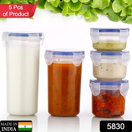 5830 Plastic Liquid Round Airtight Food Storage Container With Leak Proof Locking Lid Bpa Free Container For Kitchen 5 Pcs Set (Transparent ( Approx Capacity 110 Ml160 Ml210 Ml400 Ml500 Ml)