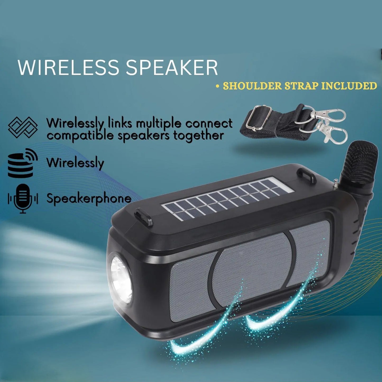 Wireless Bluetooth Speaker 5w High Bass With Wireless Mic Microphone Led Torch Solar Charging Support Usb Adjustable Strap (1 Set)