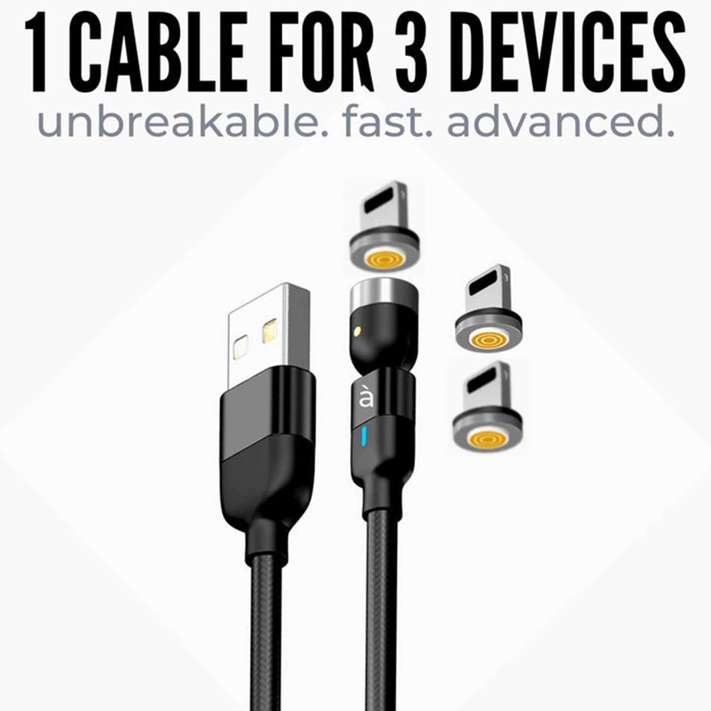 0301 3 In 1 Magnetic Usb Charging Cable Usb-c Android And Lightning With Extra Protecting Nylon Strong Magnetic Cable With Full Rotation Support Fast Charging