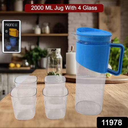 Transparent Stylish Premium Jug With Elegant Handle (2000 Ml Jug Approx 4 Pcs Plastic Glass)