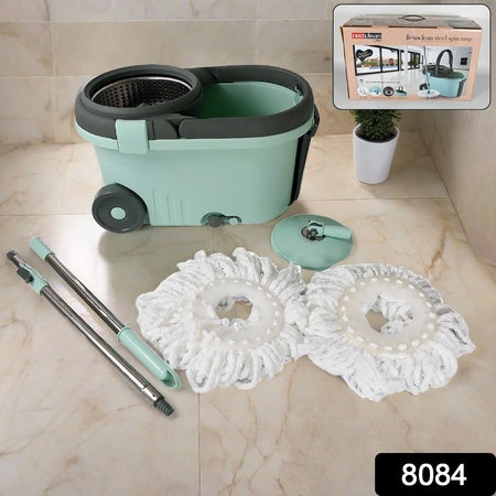 8084 Ganesh Quick Spin Mop Steel Spin Bucket Floor Cleaning Easy Wheels Big Bucket Floor Cleaning Mop With Bucket 2 Micro Fiber Head Refill