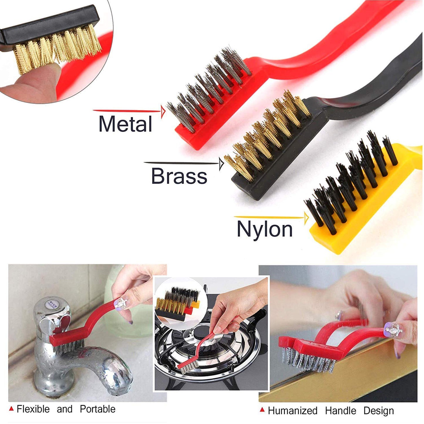 2166 3pc Mini Wire Brush Set Brass Nylon Stainless Steel Bristles Household Cleaning Brush For Gas Stove Smoke Machine Tool Burner Tiles Tap Rust Removal Welding Slag Dirt Paint Scrubbing.