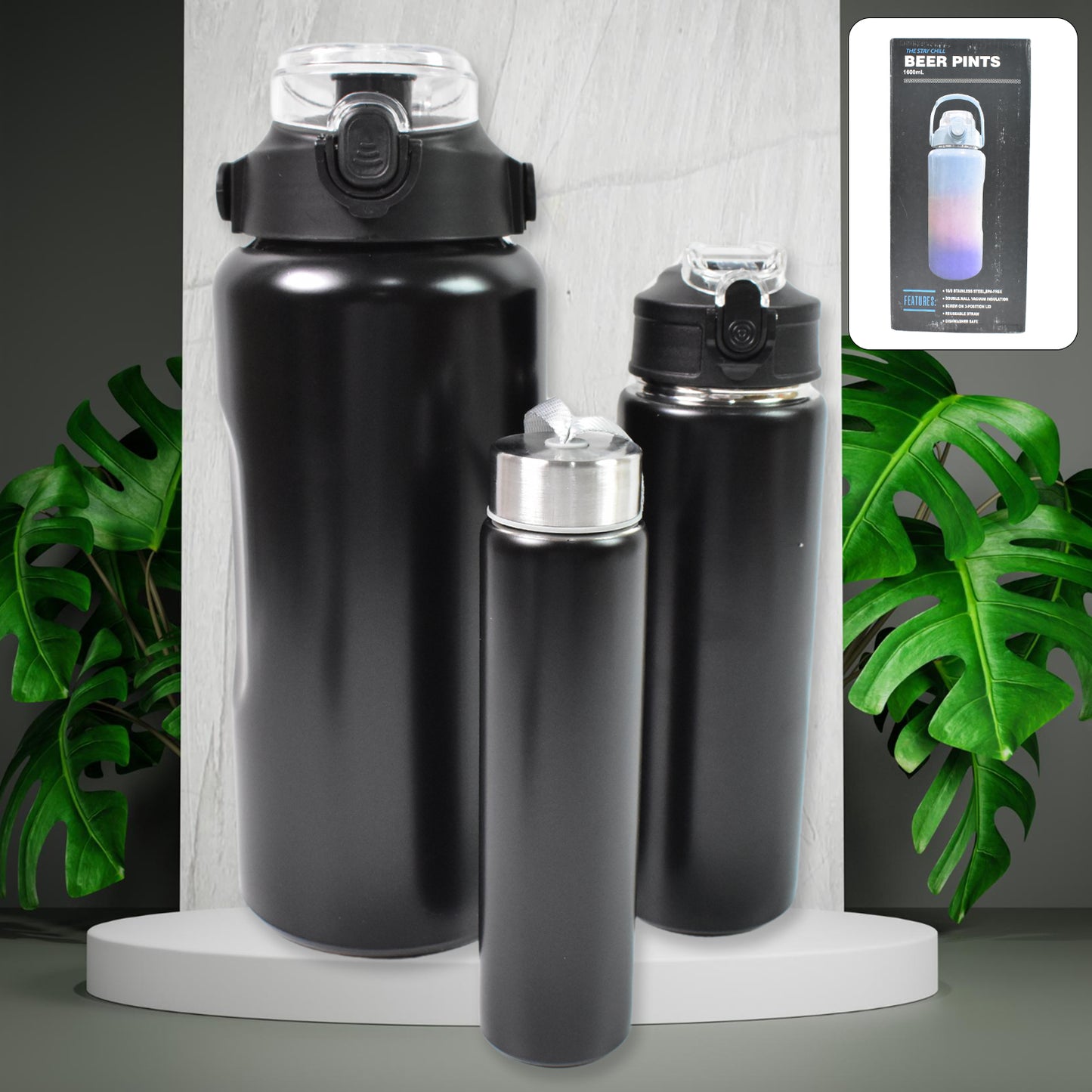 3 In 1 Stainless Steel Insulated Water Bottle Double Wall Vacuum (3 Pcs Set Different Size)