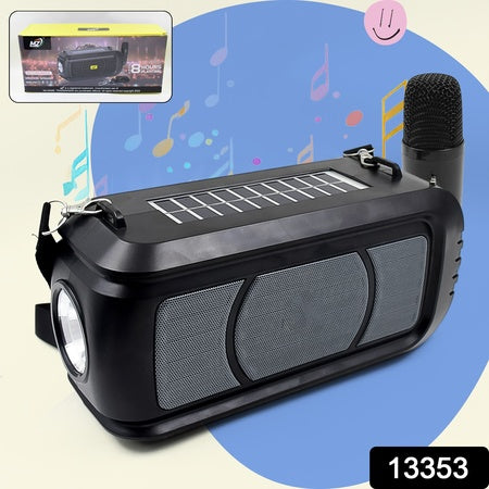 Wireless Bluetooth Speaker 5w High Bass With Wireless Mic Microphone Led Torch Solar Charging Support Usb Adjustable Strap (1 Set)