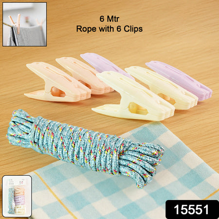 Clothesline Rope With 6 Clips 6 Meter Approx Heavy Duty Laundry Drying Rope With Clip