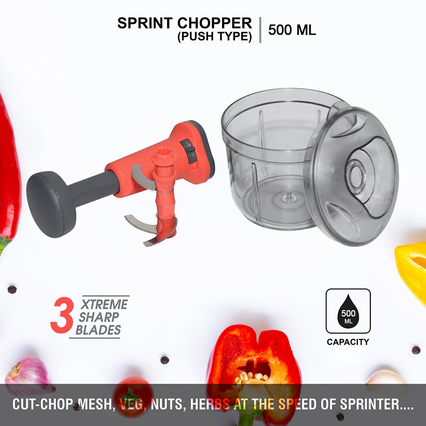 5901 Matte Finish Manual Hand Press Chopper For Kitchen Mini Handy Compact Chopper With 3 Blades For Effortlessly Chopping Vegetables Fruits For Your Kitchen.