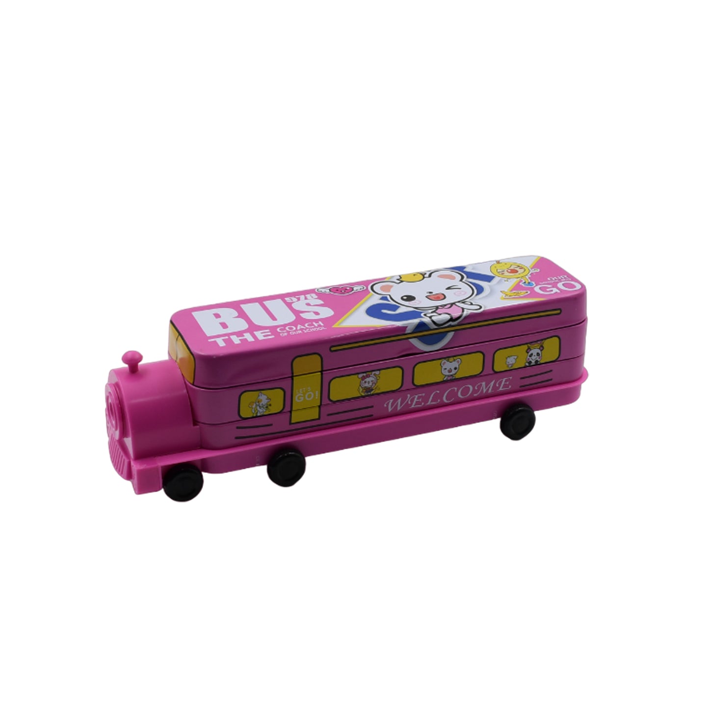 4672 Double Decker Magic Bus Compass 2 Layer Metal Bus Compass Pencil Case With Movable Wheels Sharpener Bus Shape With Tiers Metal Pencil Box For Kids Birthday Party