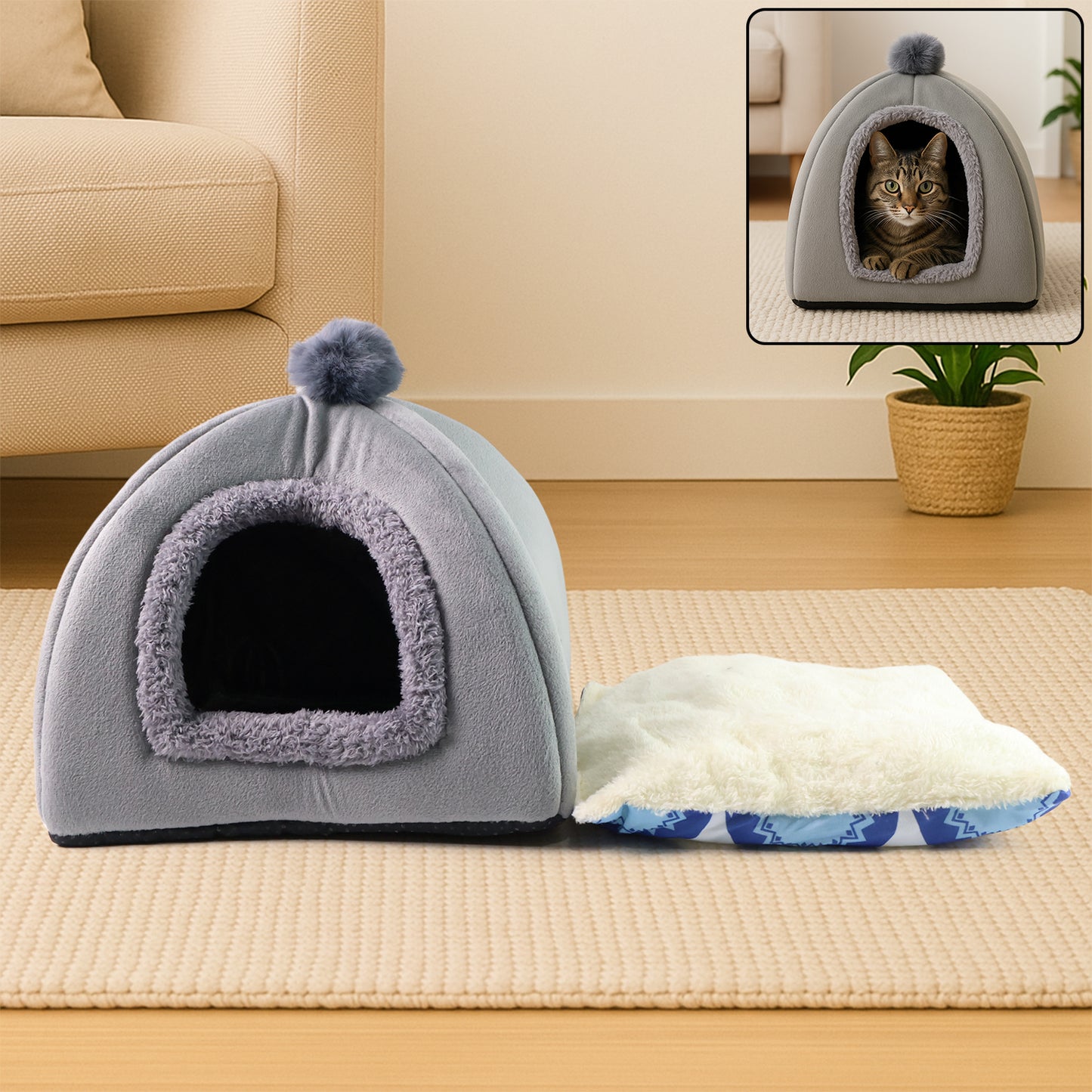 Luxury Soft Plush Indoor Cat Small Pet Tent Bed House With Removable Cushion