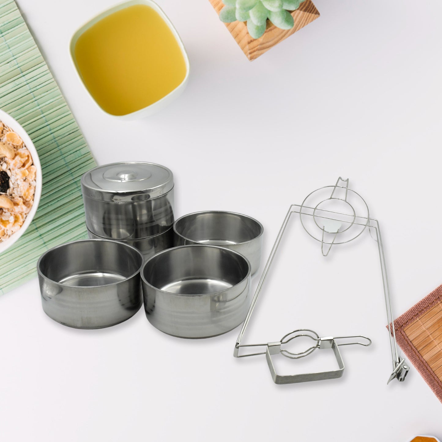 5799 Big Size 5 Compartment Lunch Box Stainless Steel Round Tiffin Traditional Tiffin Box For Kids College Office Men And Women Meal Holder With Locking Clip 5 Containers (16x5 Inch)