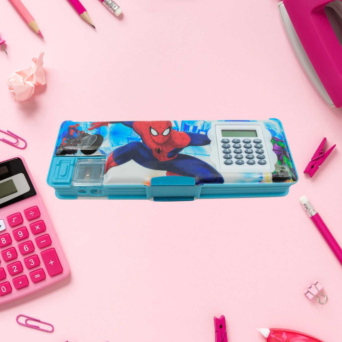 4260 Art Stationery Cartoon Multi-functional Geometry Box For Boys With Inbuilt Calculator 2 Sides Open And Double Sharpener Stationery Kit Pencil Box For Boys Art Plastic Pencil Box For Girls And Boys