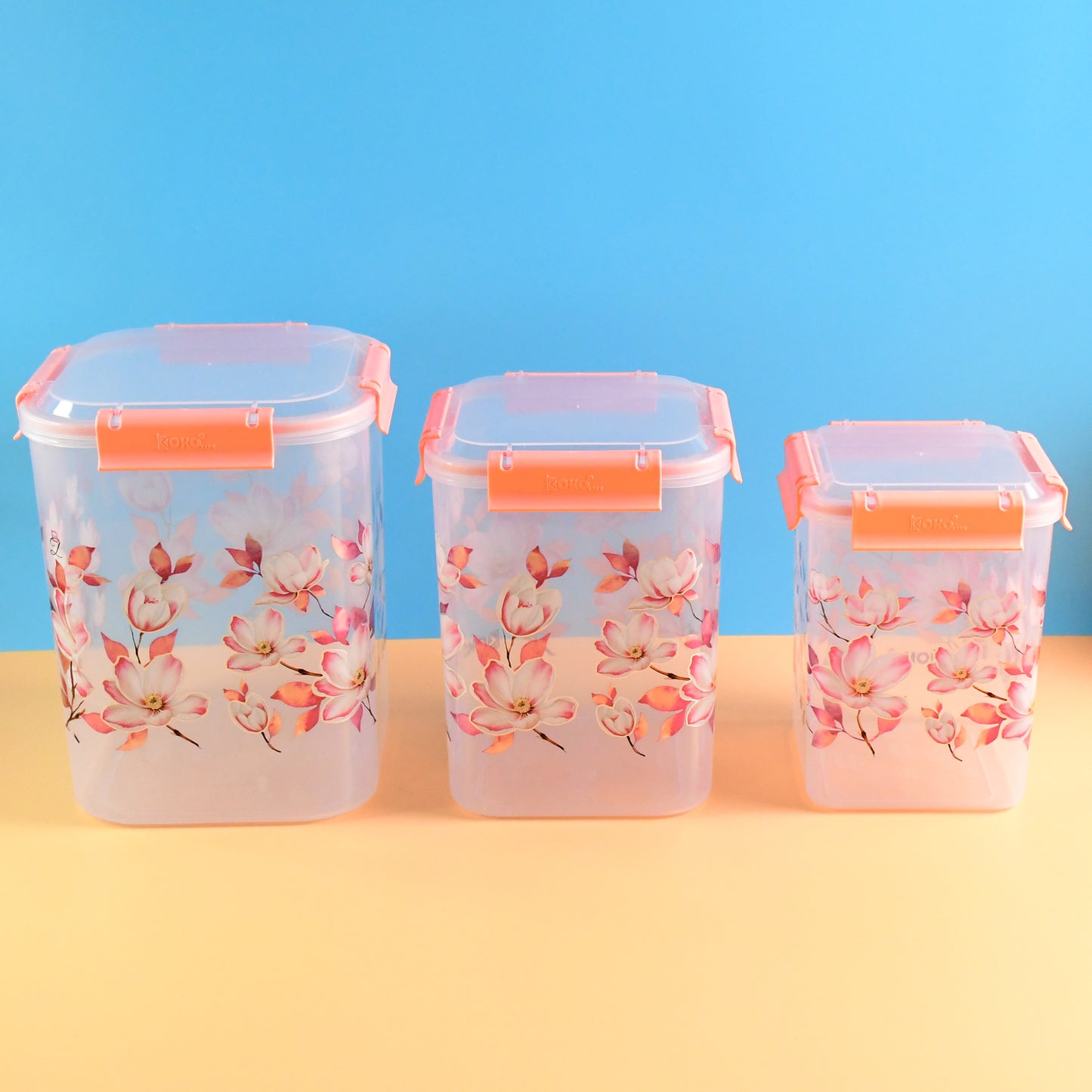 Square 3 Pcs Floral Printed Airtight Storage Container Set Approx 2.8 Ltr 4.5 Ltr 6.9 Ltr (3 Pcs Set)