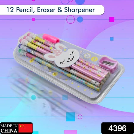 4396 Cute Rabbit Bear Drawing Graphite Writing Pencil Set With Pencil Sharpener Eraser Pencil And Eraser Set With Eraser For Kids For Girls Fancy School Stationary Birthday Party Return Gift (14 Pc Set)