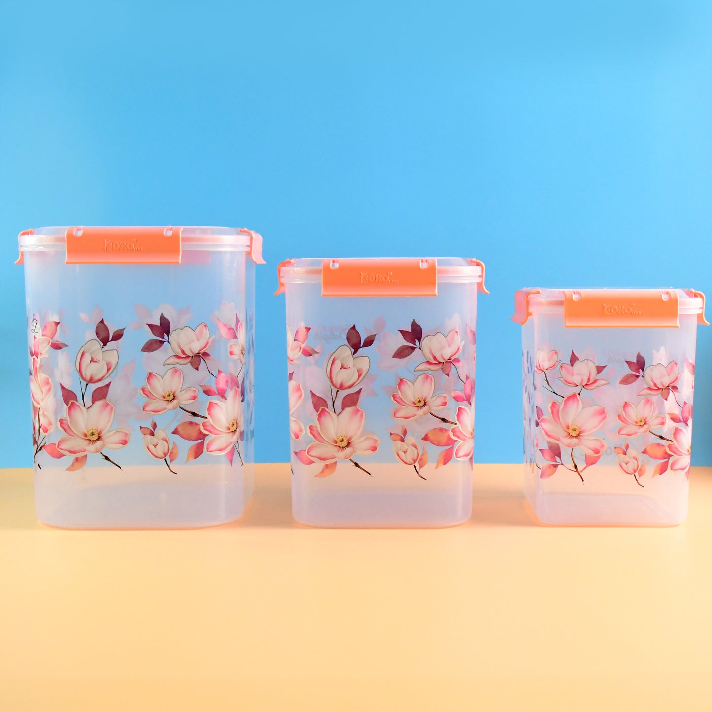 Square 3 Pcs Floral Printed Airtight Storage Container Set Approx 2.8 Ltr 4.5 Ltr 6.9 Ltr (3 Pcs Set)
